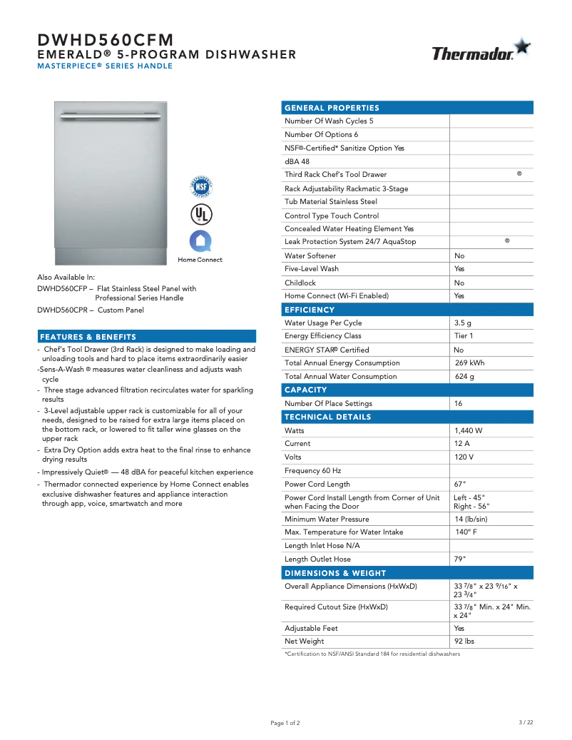 Page 1 de la notice Fiche technique Thermador DWHD560CFM