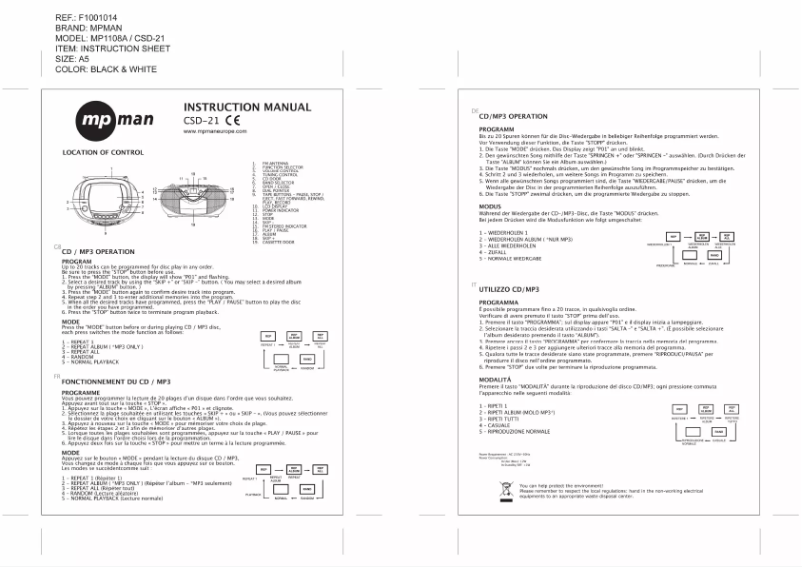 Page 1 de la notice Manuel utilisateur Mpman CSD-21