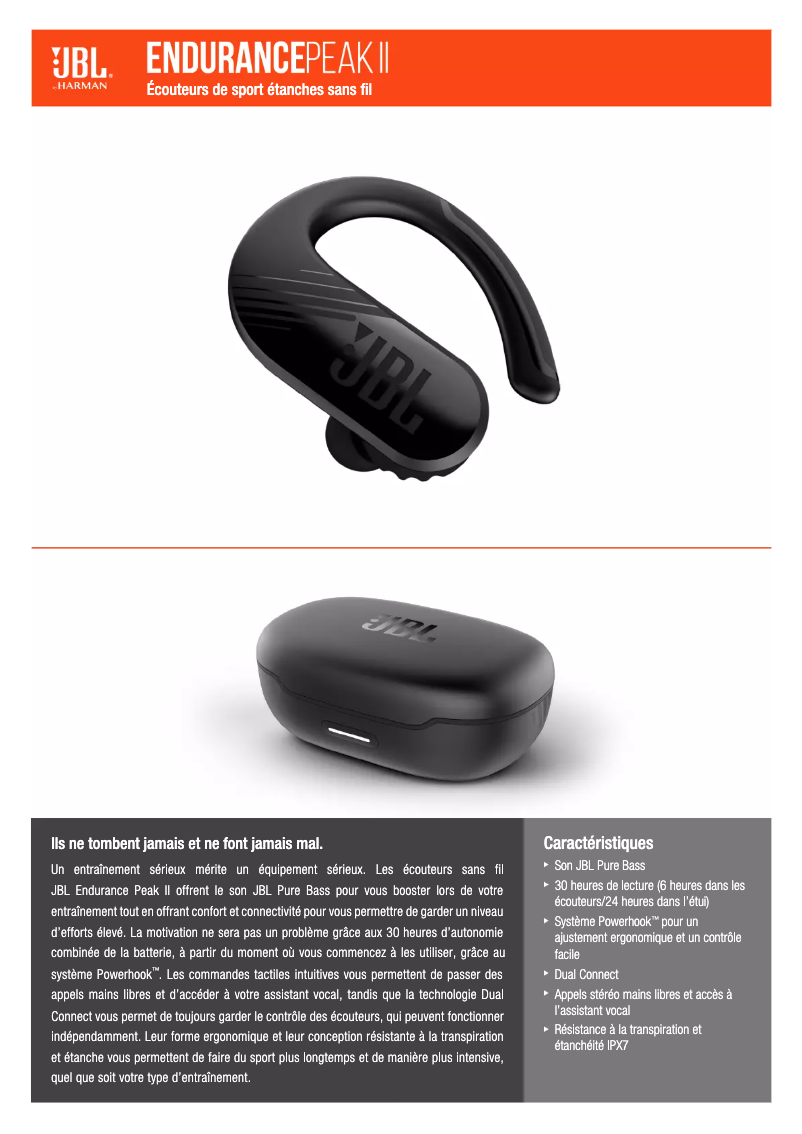 Page 1 de la notice Fiche technique JBL Endurance Peak II