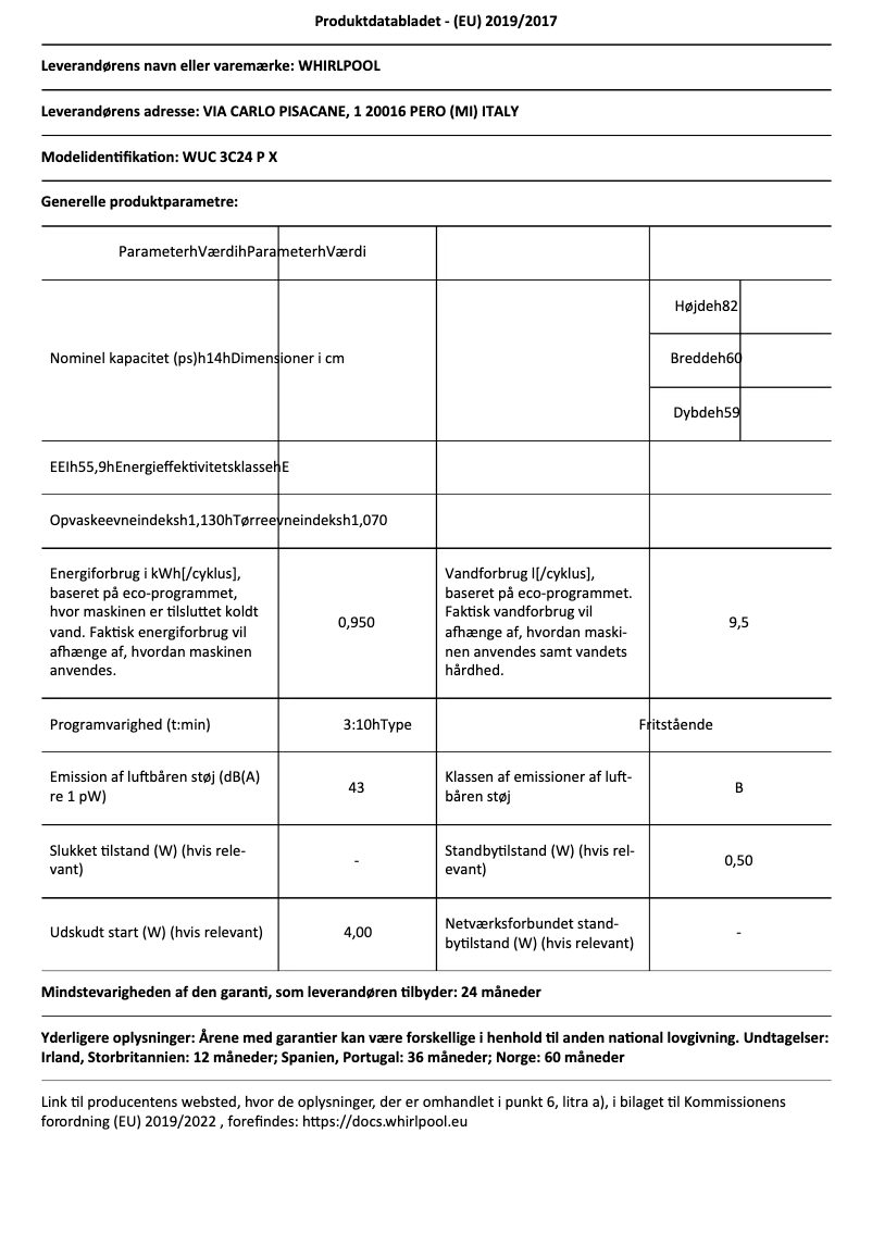 Page n°1 - Fiche technique Whirlpool WUC 3C24 P X