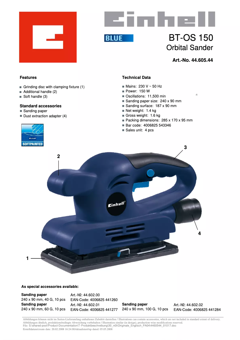 Page 1 de la notice Fiche technique Einhell BT-OS 150