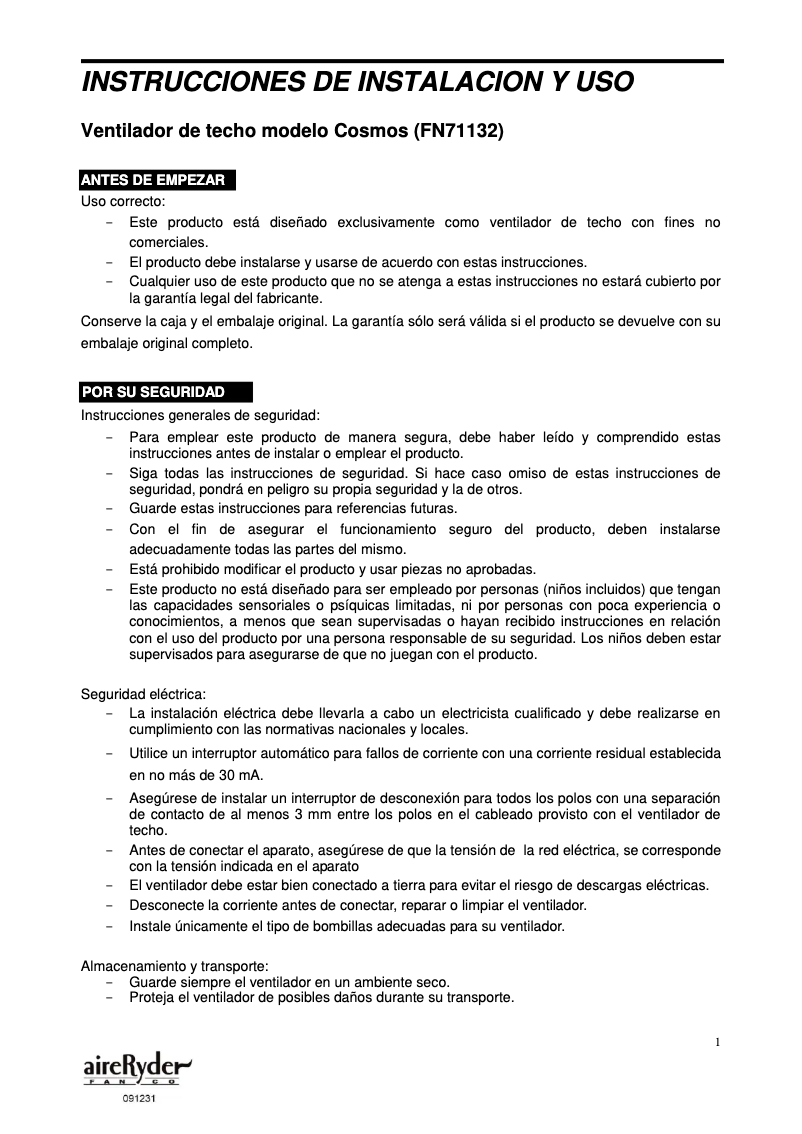 Página 1 del manual Manual de usuario AireRyder Cosmos