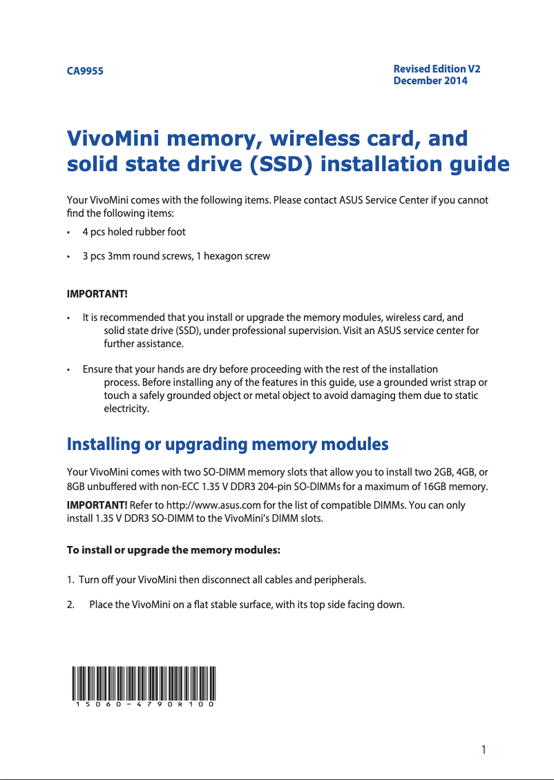 Page 1 de la notice Guide d'installation Asus VivoMini UN62