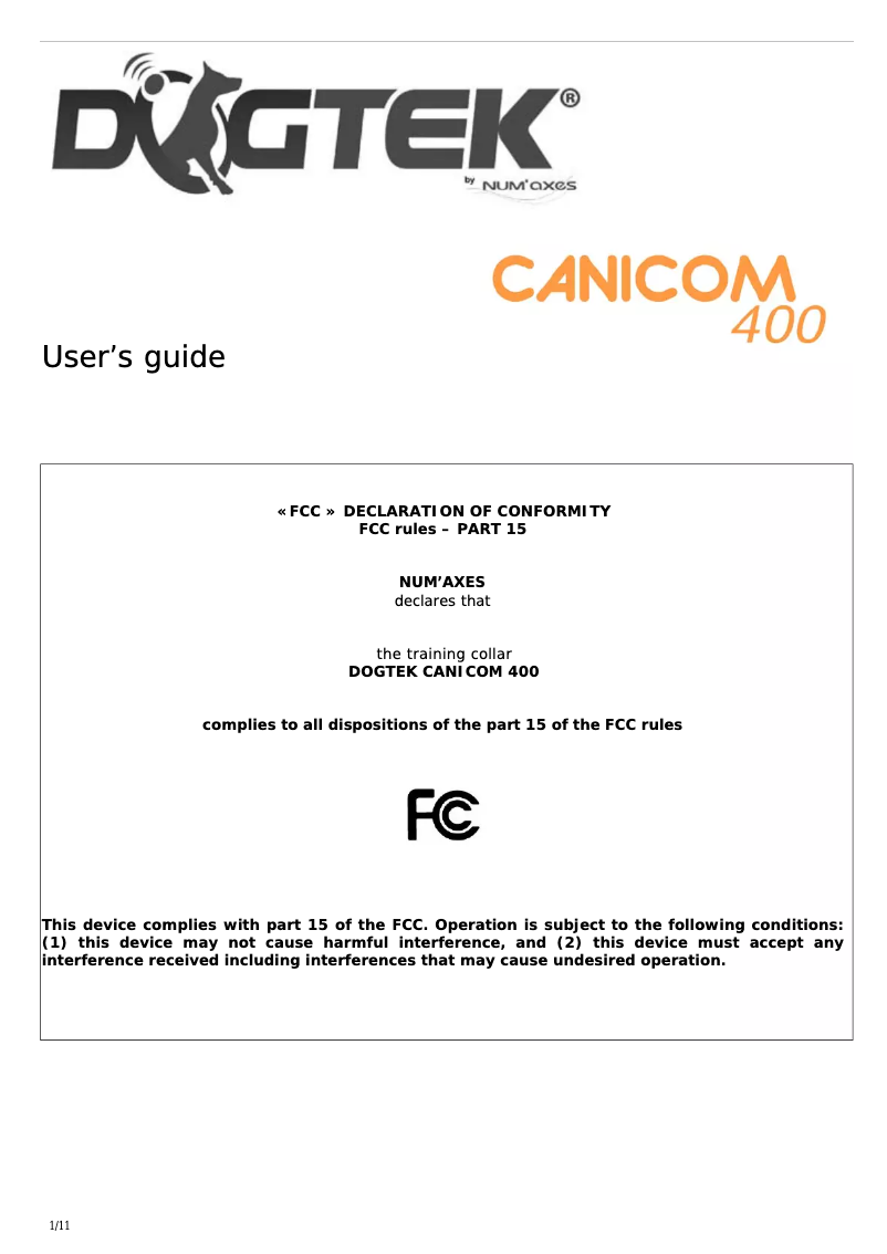 Page n°1 - Manuel utilisateur Canicom 400