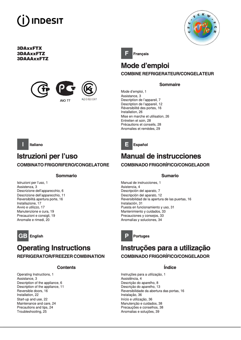 Page n°1 - Manuel utilisateur Indesit 3DAAXXFTZ