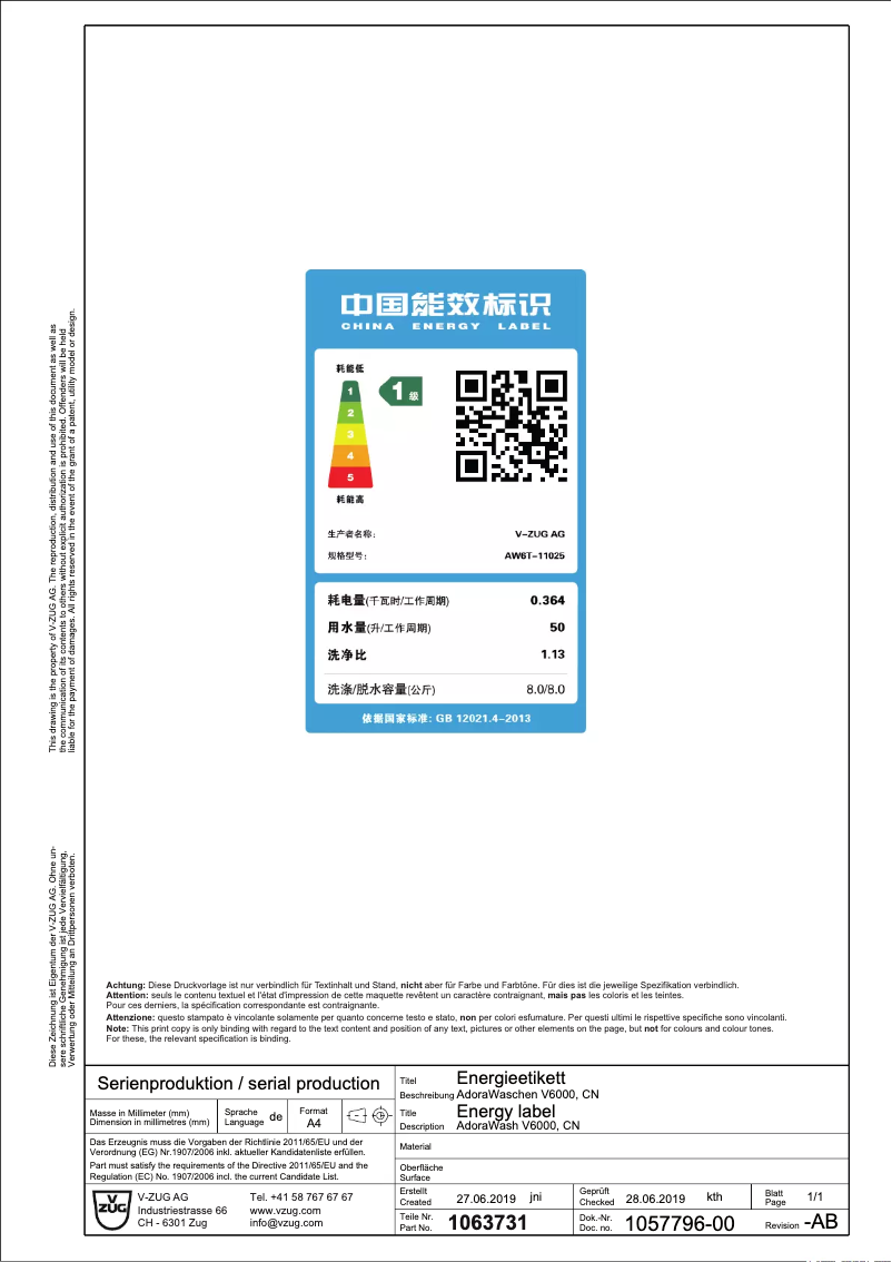 Page 1 de la notice Label énergétique V-Zug AdoraWash V6000