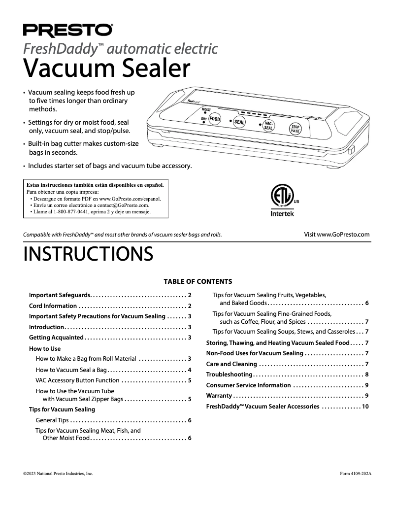 Page 1 de la notice Manuel utilisateur Presto FreshDaddy 05622