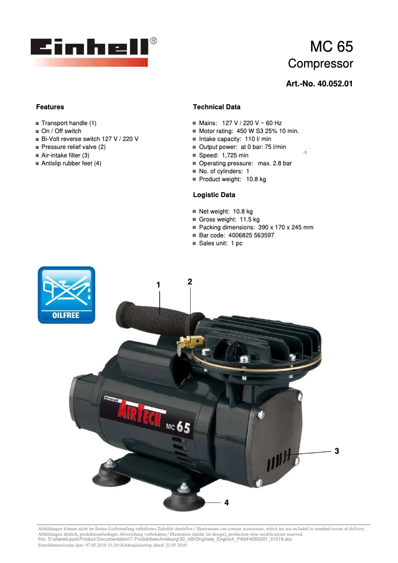 Page 1 de la notice Manuel utilisateur Einhell MC 65