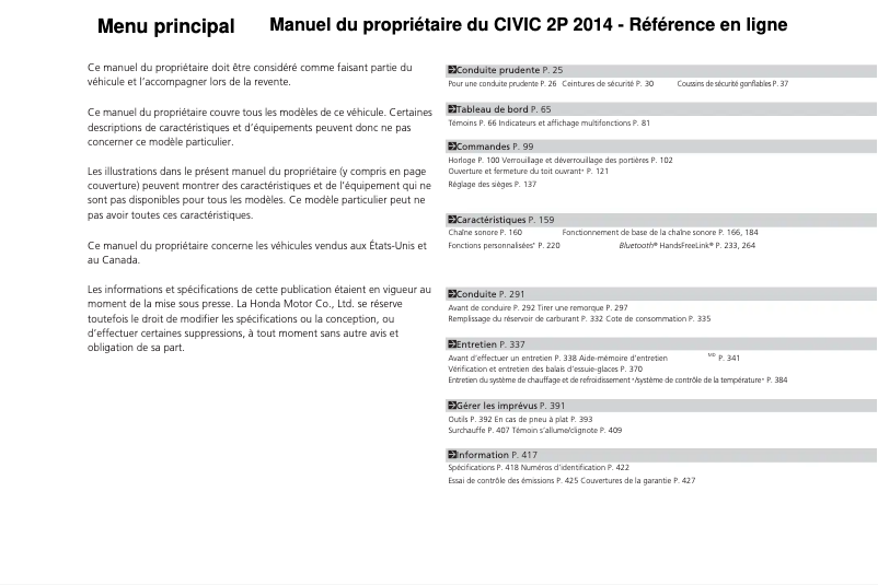 Image de la première page du manuel de l'appareil Civic Coupe (2014)