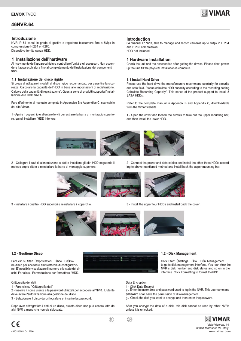 Page 1 de la notice Instructions / montage Vimar ELVOX 46NVR.64
