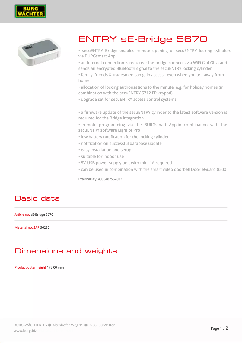 Page 1 de la notice Fiche technique Burg Wächter sE-Bridge 5670