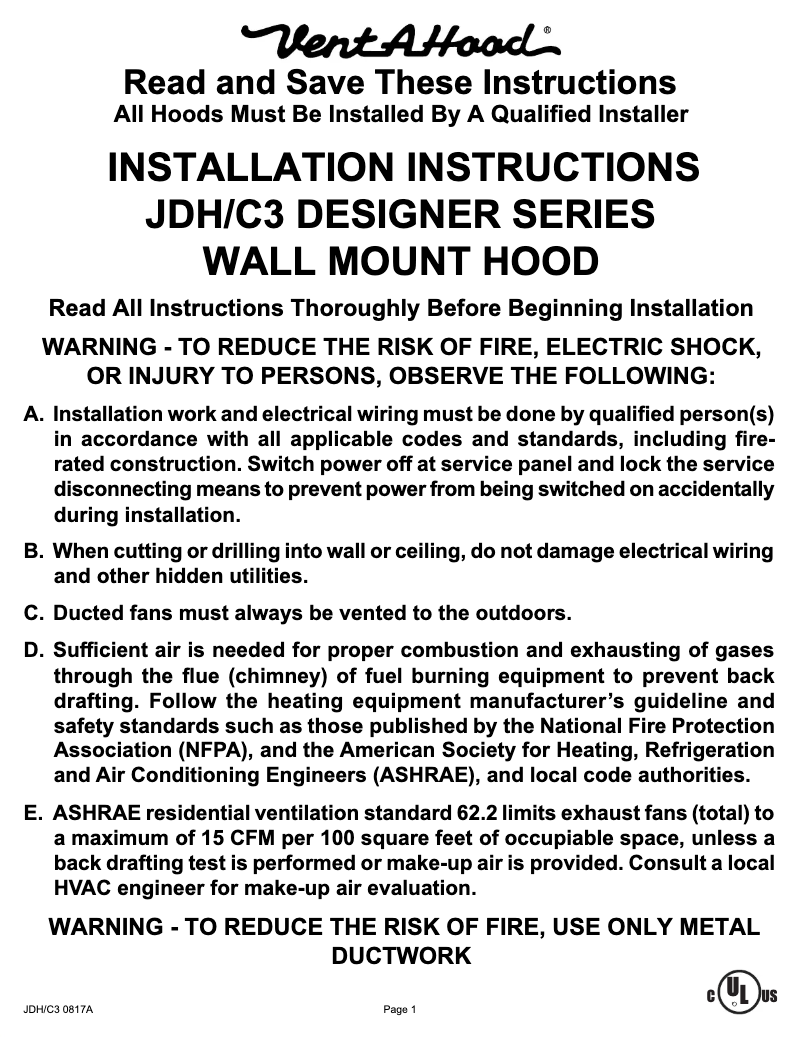 Page n°1 - Manuel utilisateur Vent-A-Hood JDH236C3SS