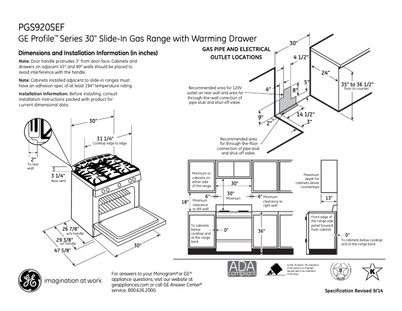 Page 1 de la notice Fiche technique GE Profile PGS920SEFSS