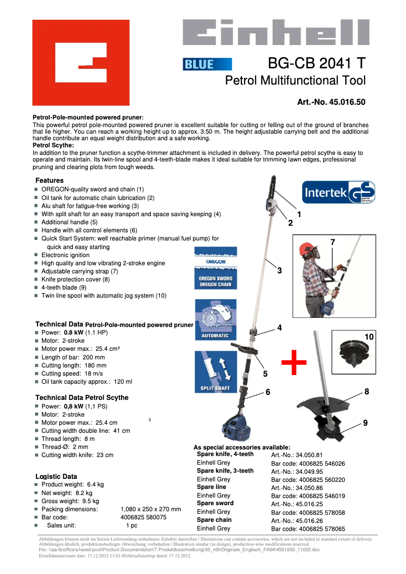 Page n°1 - Fiche technique Einhell BG-CB 2041 T