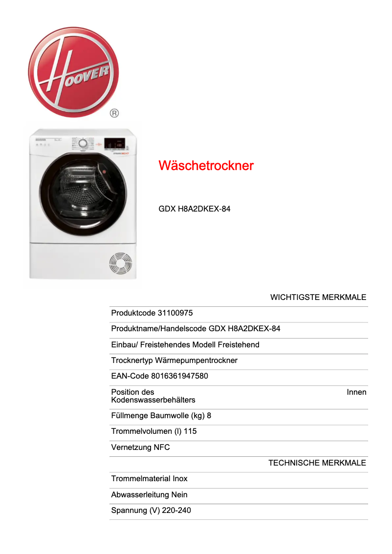 Page n°1 - Manuel utilisateur Hoover GDX H8A2DKEX-84