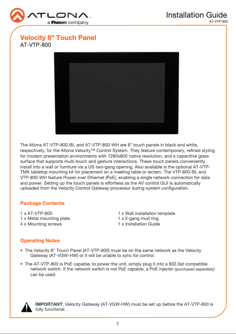 Image de la première page du manuel de l'appareil AT-VTP-800