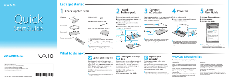 Imagen de la primera página del manual del dispositivo Vaio VGN-AW290