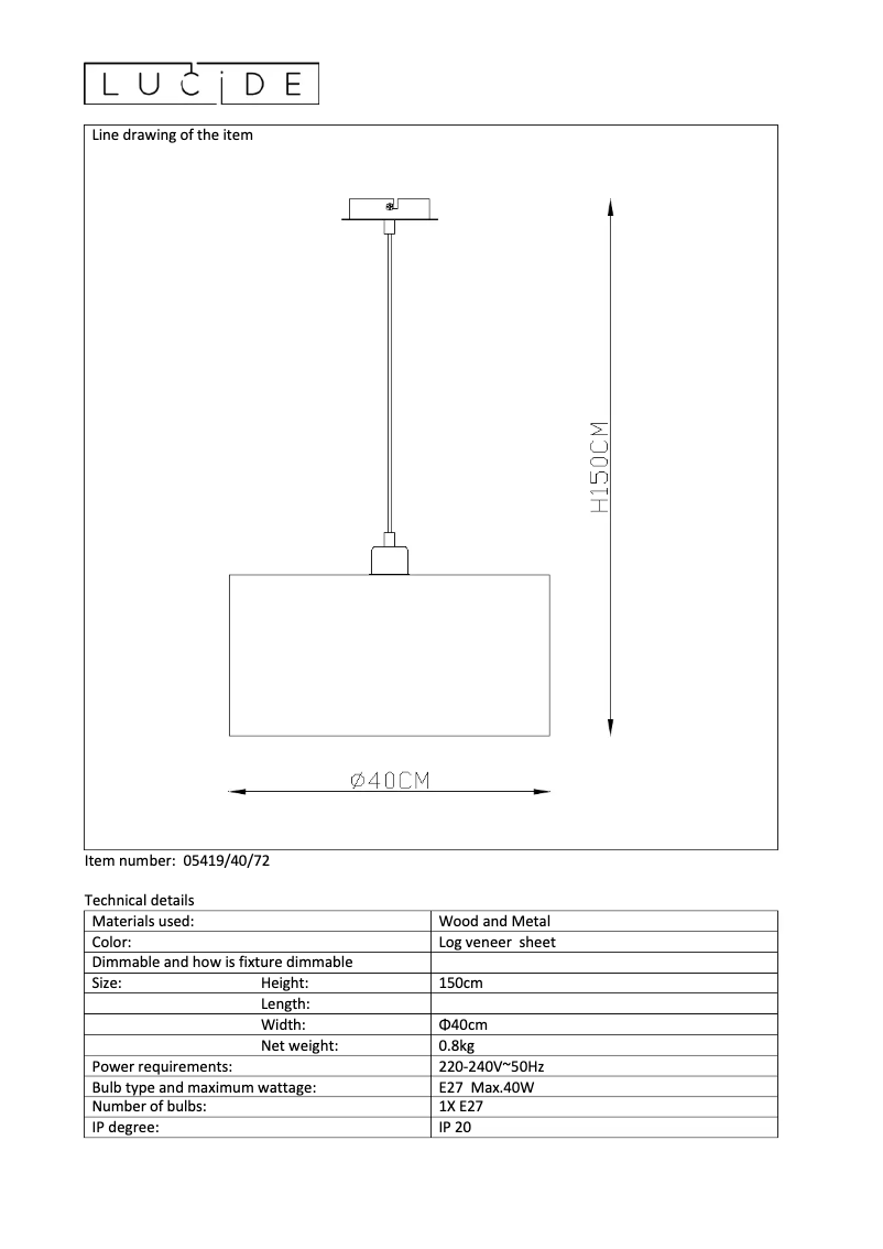 Page 1 de la notice Manuel utilisateur Lucide Birch 05419/40/72