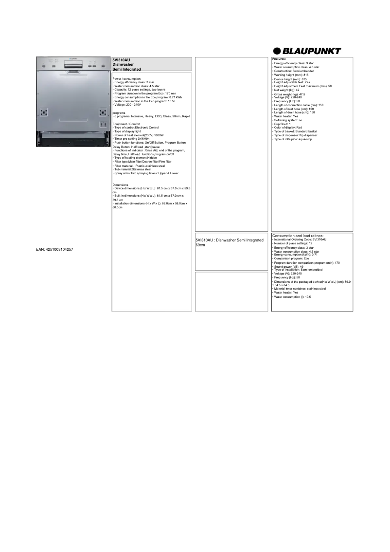 Page n°1 - Fiche technique Blaupunkt 5VI310AU