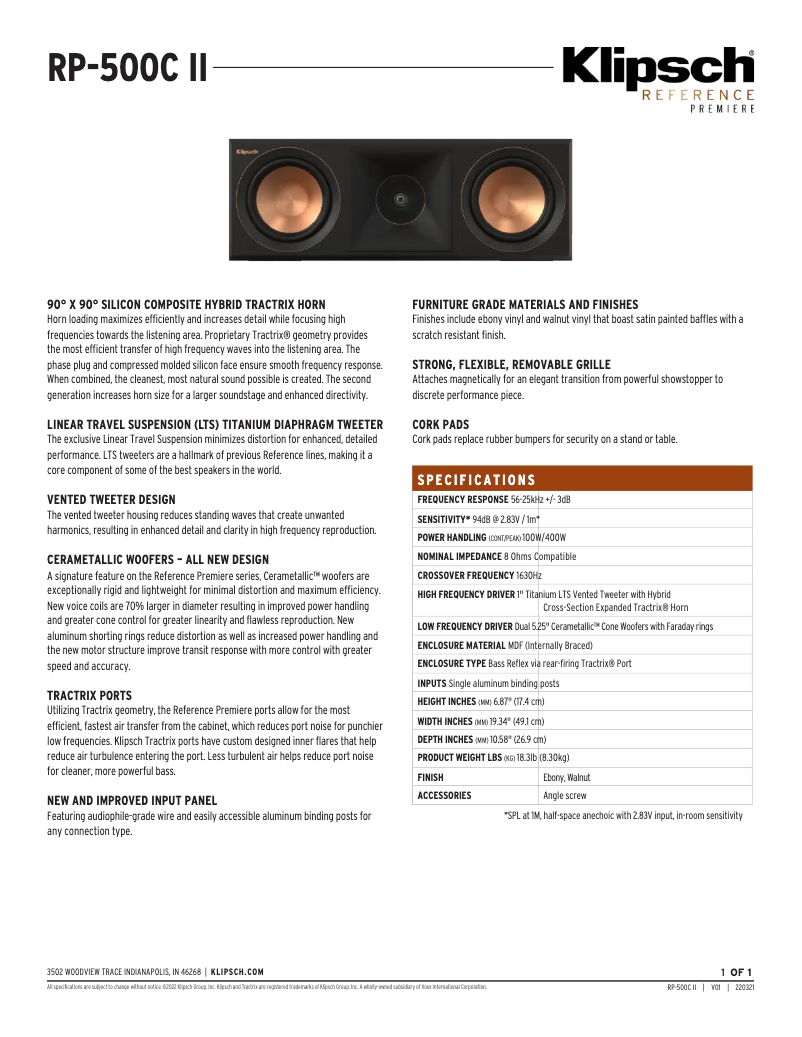 Page 1 de la notice Fiche technique Klipsch Reference Premiere RP-500C II