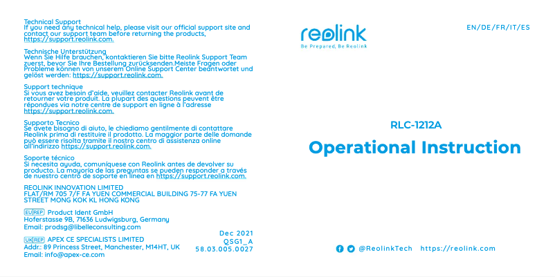 Page 1 de la notice Manuel utilisateur Reolink RLC-1212A