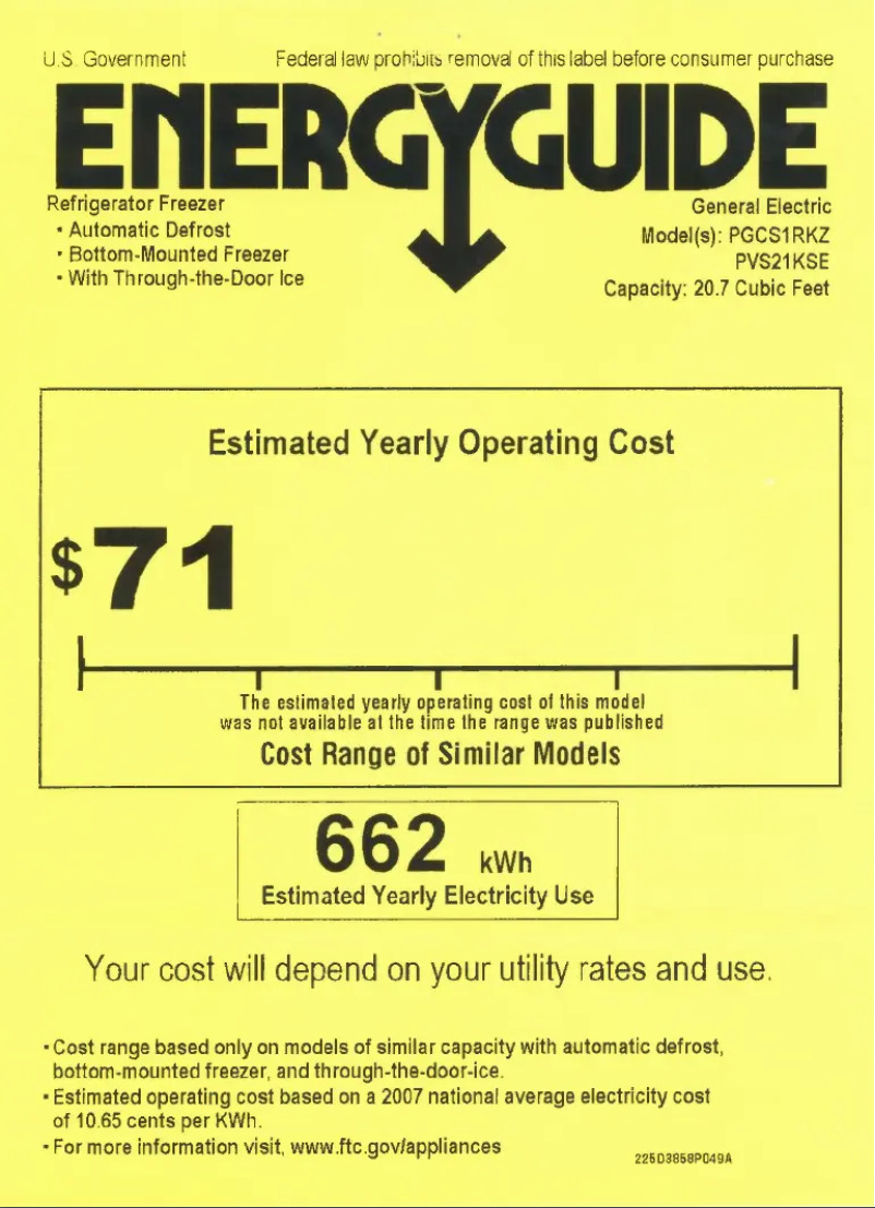 Page 1 de la notice Label énergétique GE Profile PVS21KSESS
