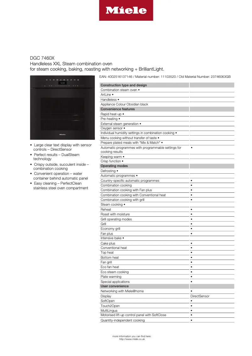 Page n°1 - Fiche technique Miele DGC 7460 X