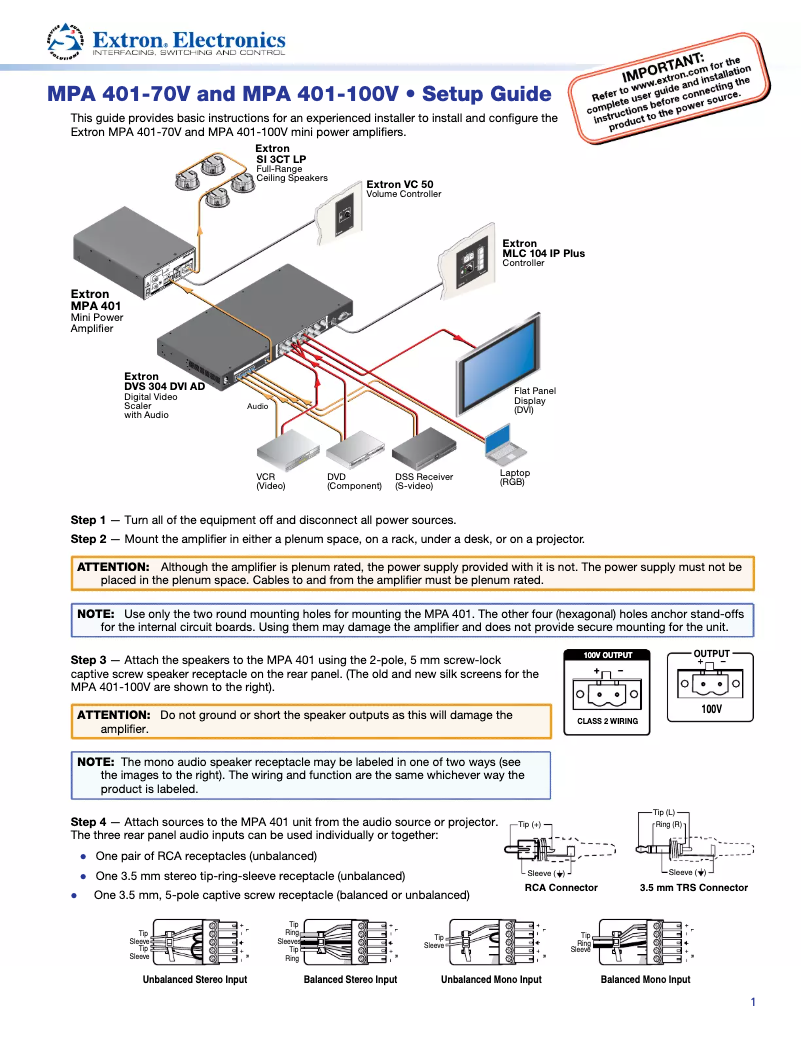 Page n°1 - Manuel utilisateur Extron MPA 401-100V