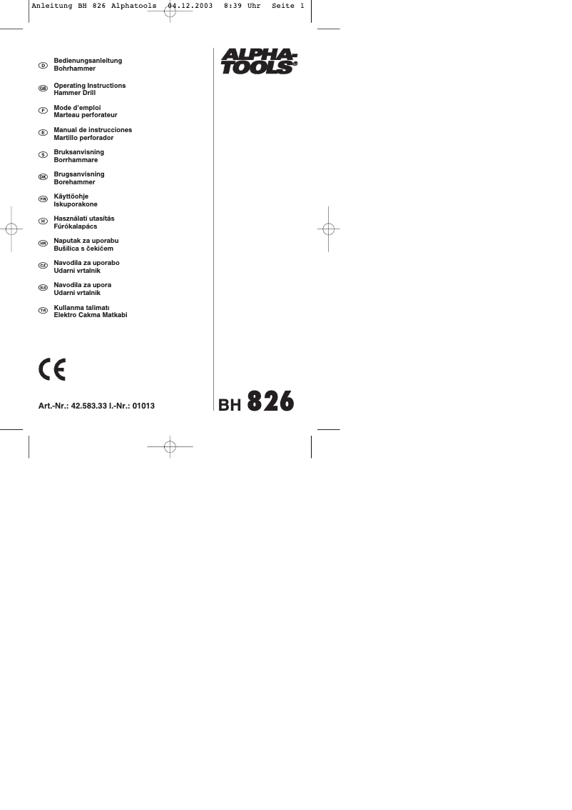 Page n°1 - Manuel utilisateur Alpha Tools BH 826