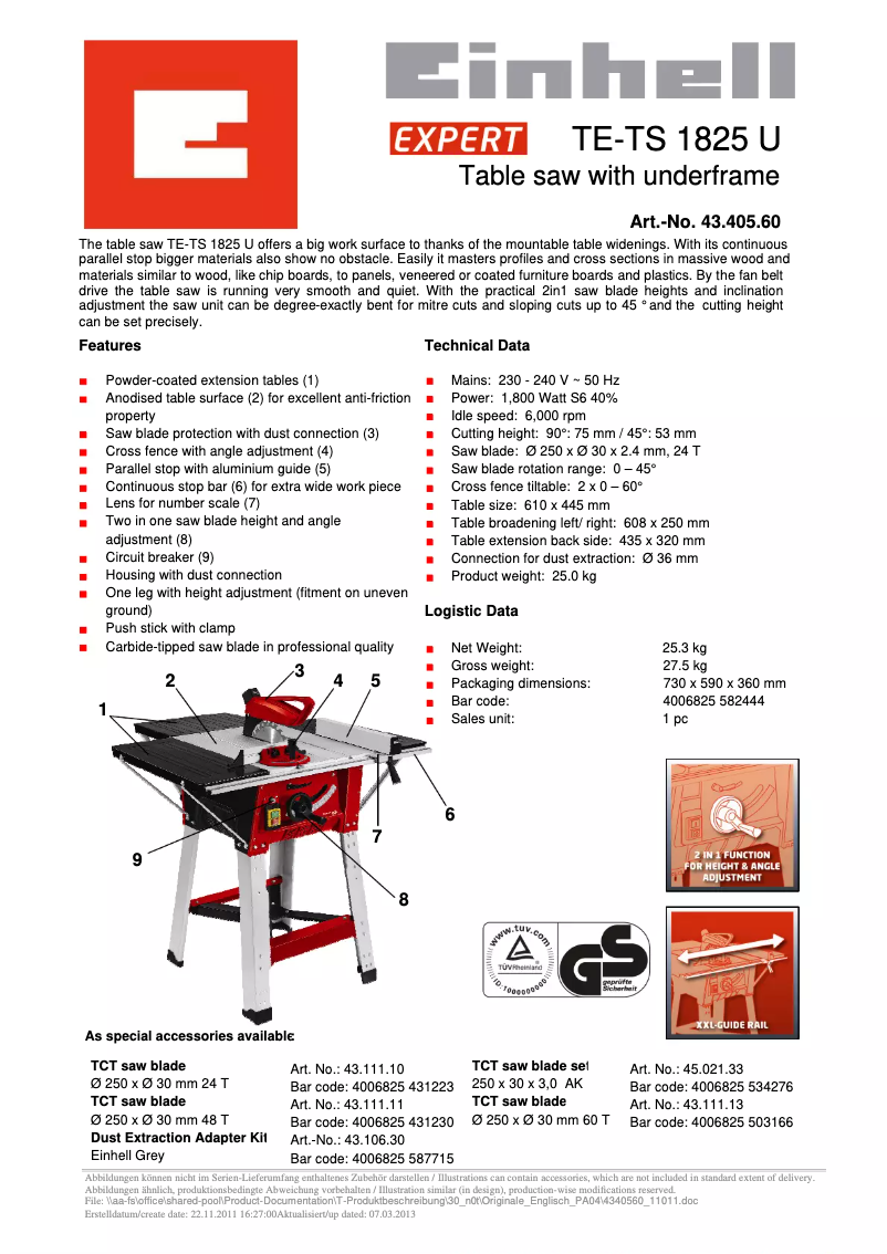 Page 1 de la notice Fiche technique Einhell TE-TS 1825 U
