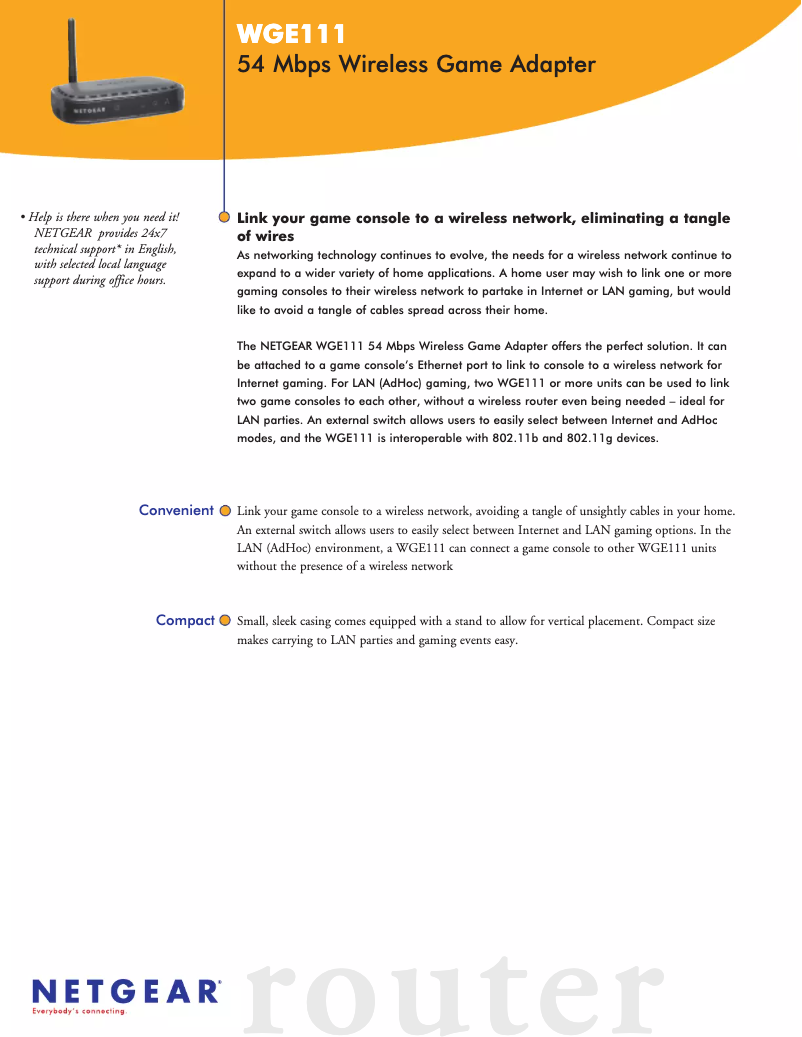 Page 1 de la notice Fiche technique Netgear WGE111