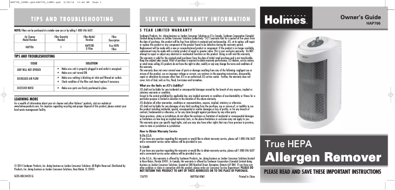 Page n°1 - Manuel utilisateur Holmes HAP706
