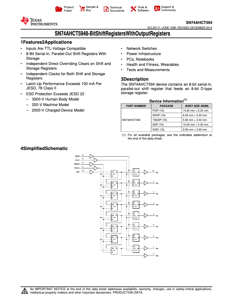 Page 1 de la notice Manuel utilisateur Texas Instruments SN74AHCT594PWR