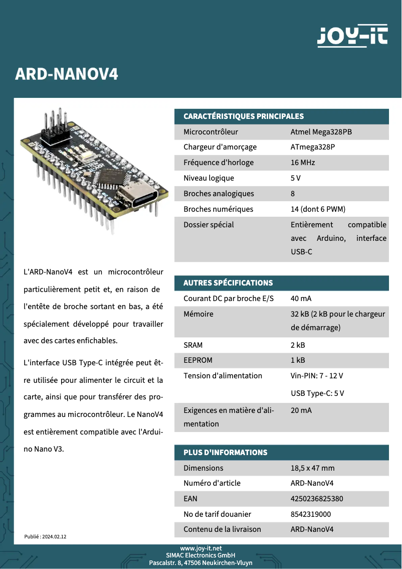 Page 1 de la notice Fiche technique Joy-It ARD-NanoV4