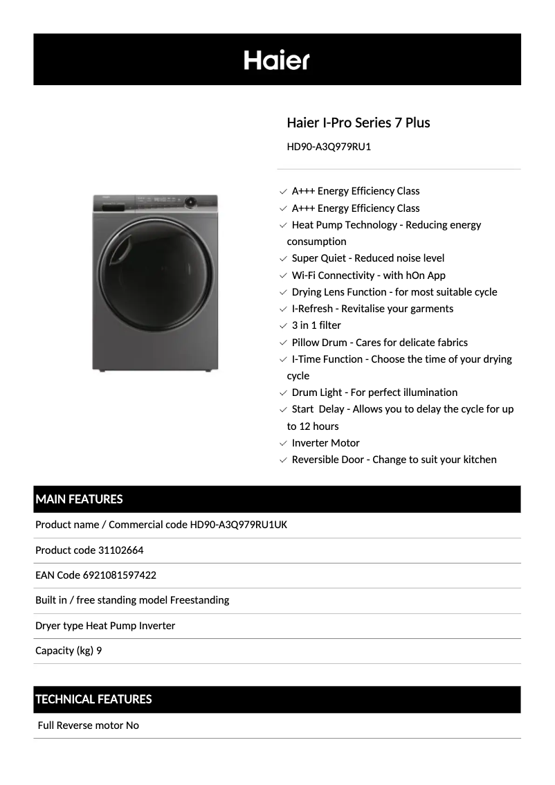 Page 1 de la notice Fiche technique Haier HD90-A3Q979SU1