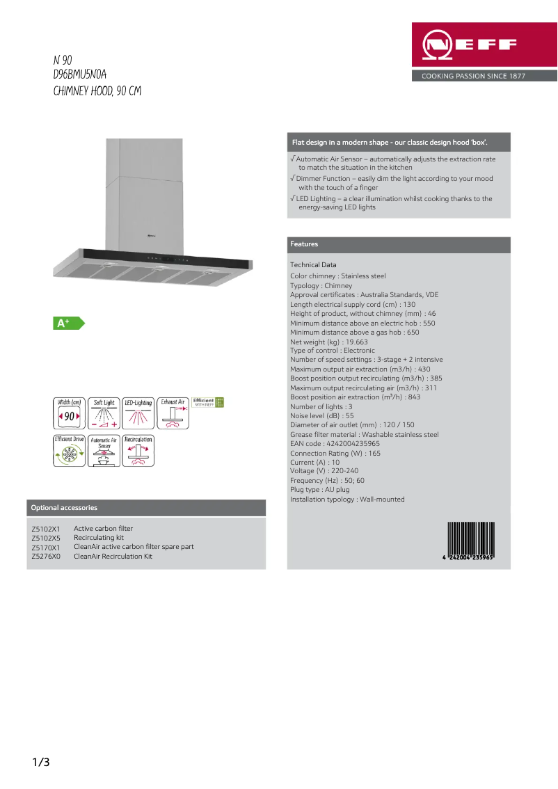 Page 1 de la notice Fiche technique Neff D96BMU5N0A