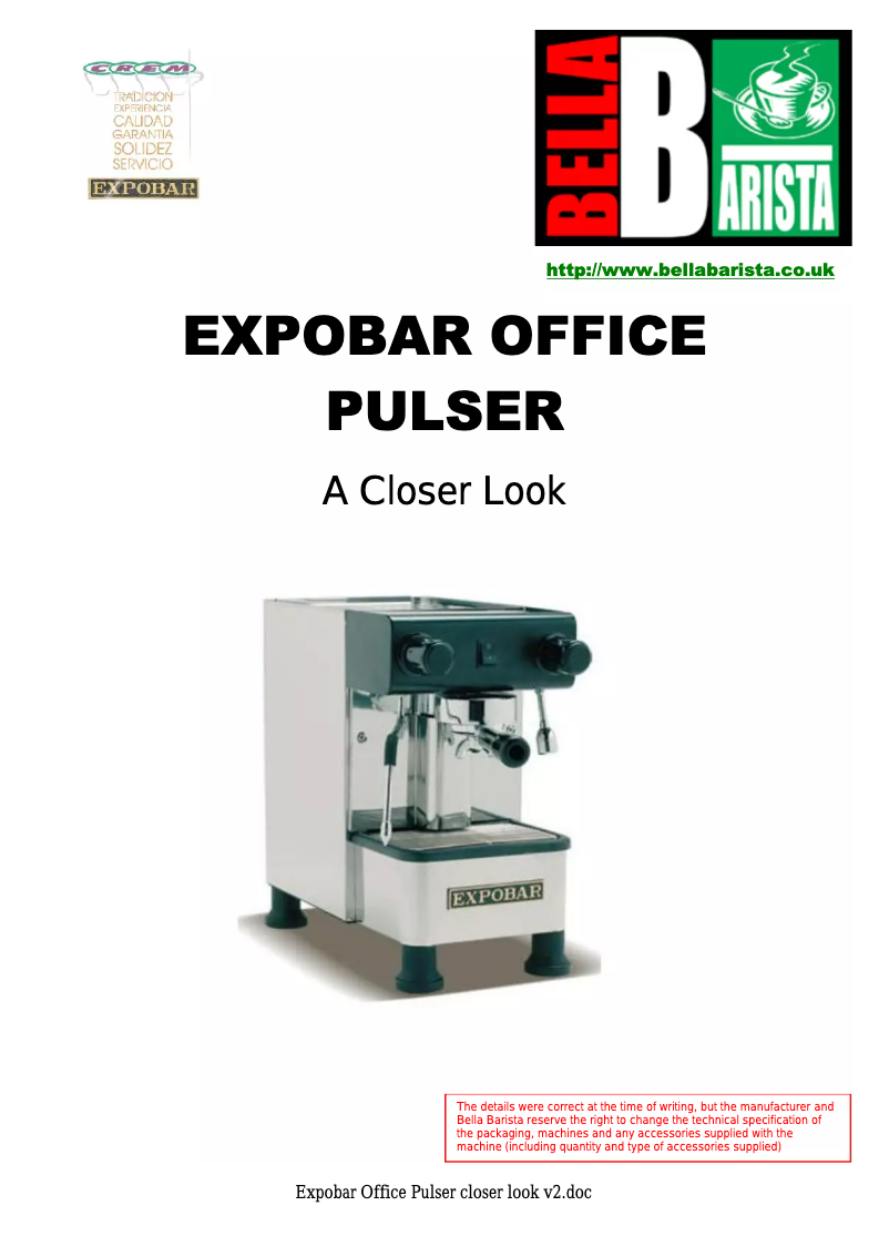 Page n°1 - Manuel utilisateur Bella Barista Expobar Office Pulser
