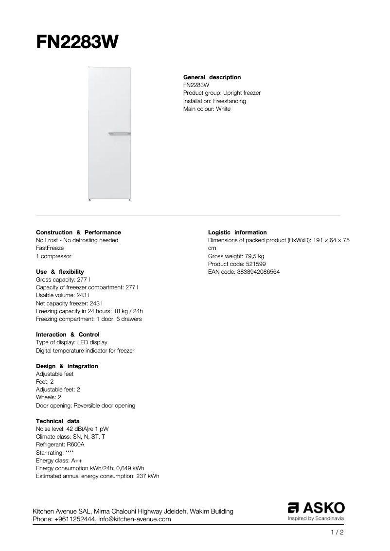 Page n°1 - Fiche technique Asko FN2283W