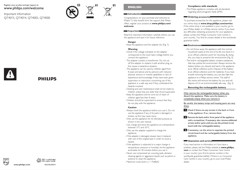 Page 1 de la notice Manuel utilisateur Philips Series 3000 QT3900