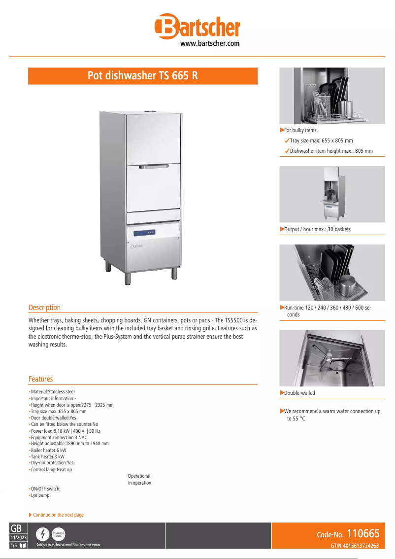 Page n°1 - Fiche technique Bartscher TS 665 R