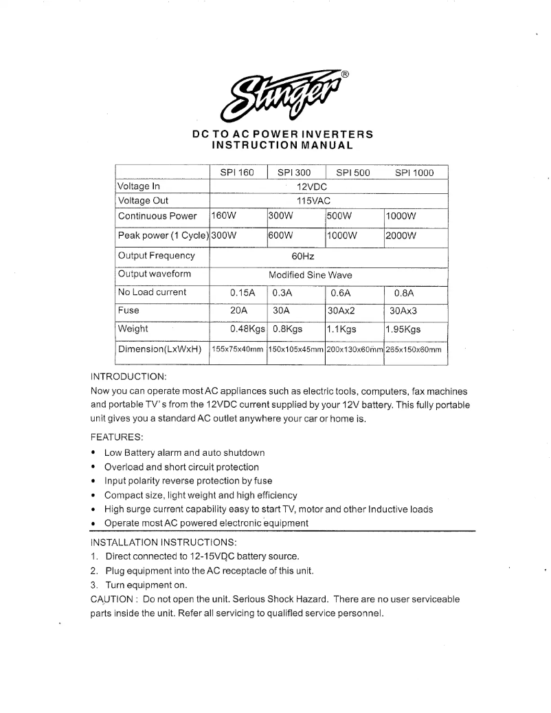 Page 1 de la notice Manuel utilisateur Stinger SPI300