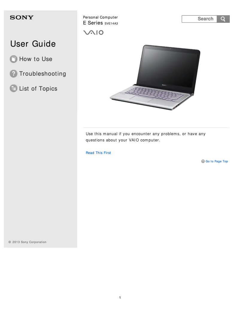 Image de la première page du manuel de l'appareil Vaio SVE14A37CDH