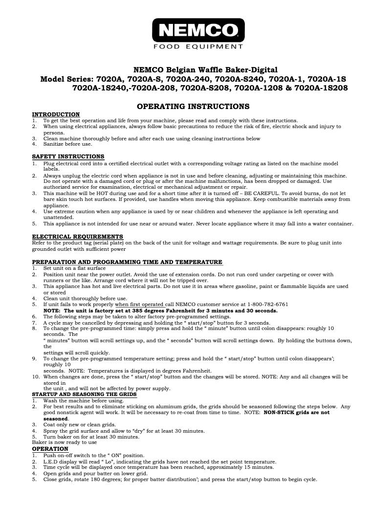 Page 1 de la notice Manuel utilisateur Nemco 7020A-1S