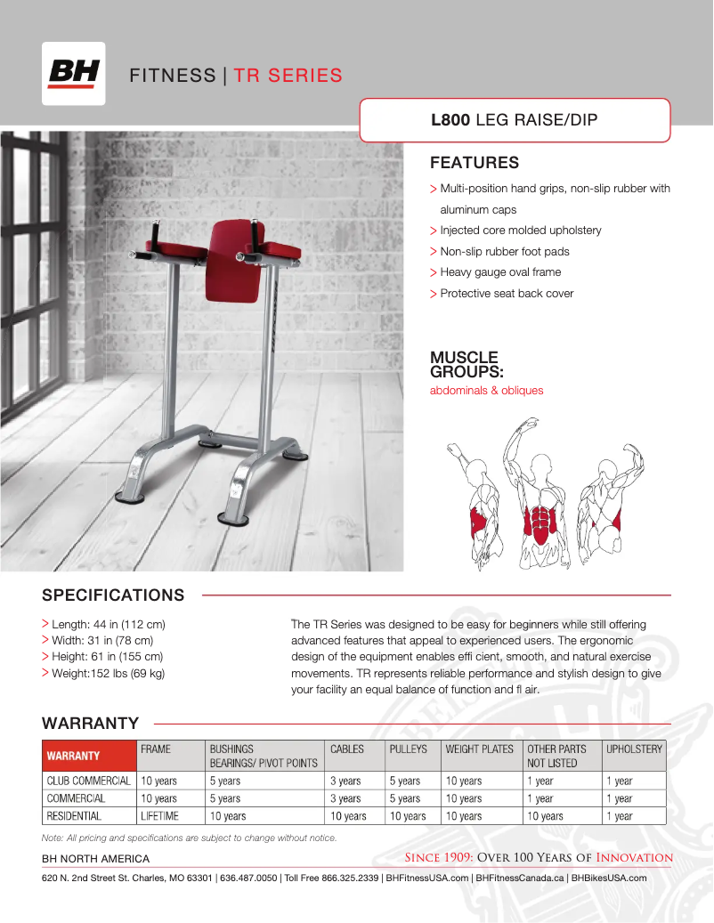 Page 1 de la notice Fiche technique BH Fitness L800