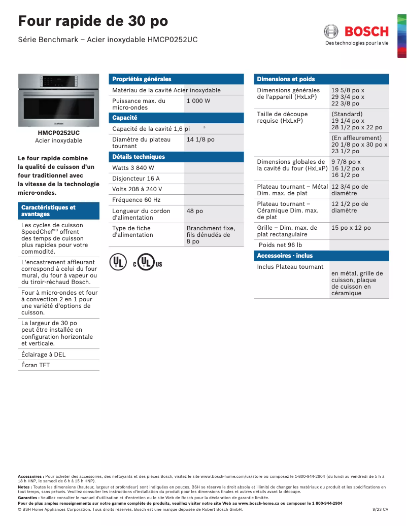 Page 1 de la notice Fiche technique Bosch HMCP0252UC