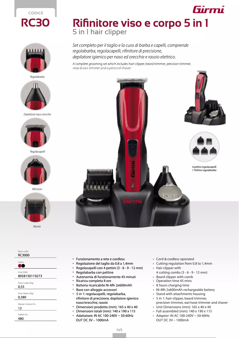 Page 1 de la notice Fiche technique Girmi RC30