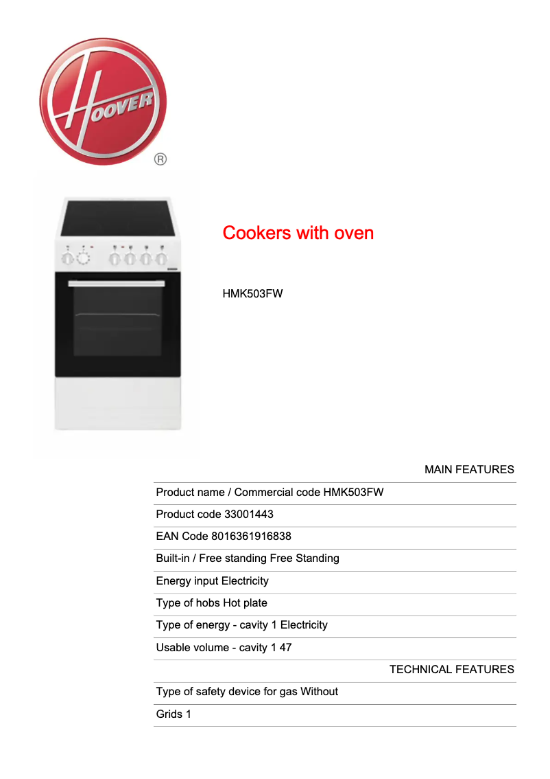 Page 1 de la notice Manuel utilisateur Hoover HMK503FW