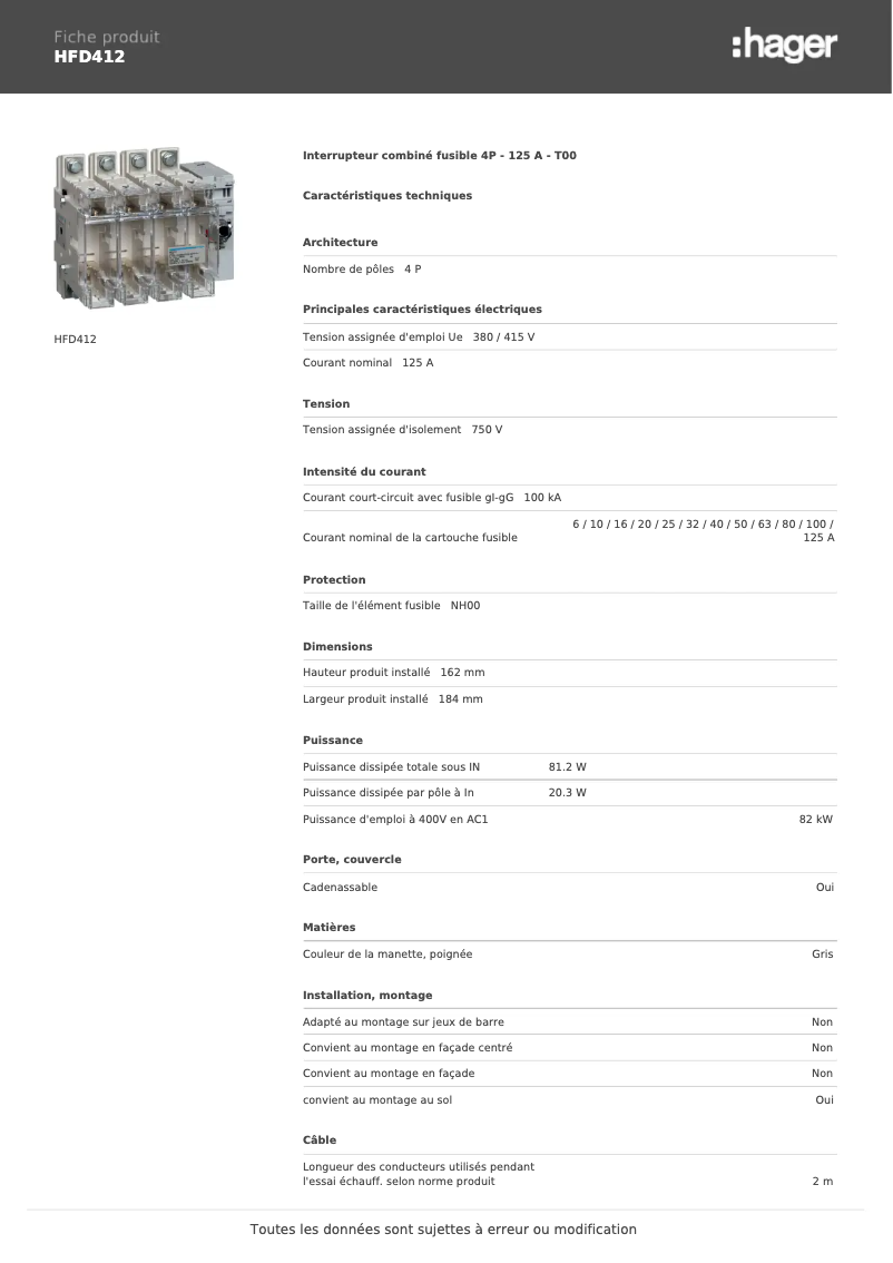 Page n°1 - Fiche technique Hager HFD412