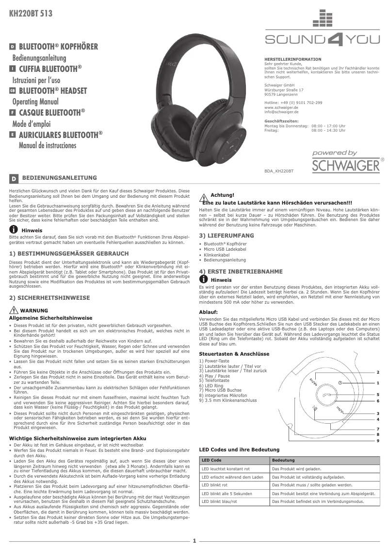 Page n°1 - Manuel utilisateur Schwaiger KH220BT 513
