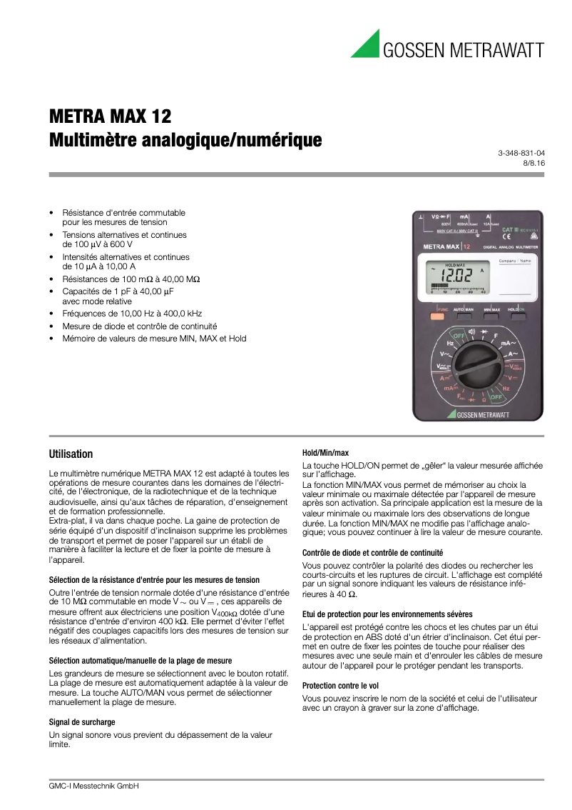 Page n°1 - Fiche technique Gossen Metrawatt METRAmax 12